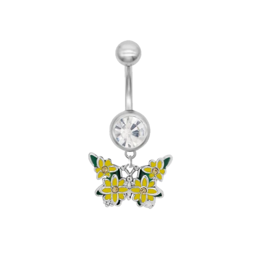 Butterfly with Yellow Flowers Belly Button Ring Navel Piercing