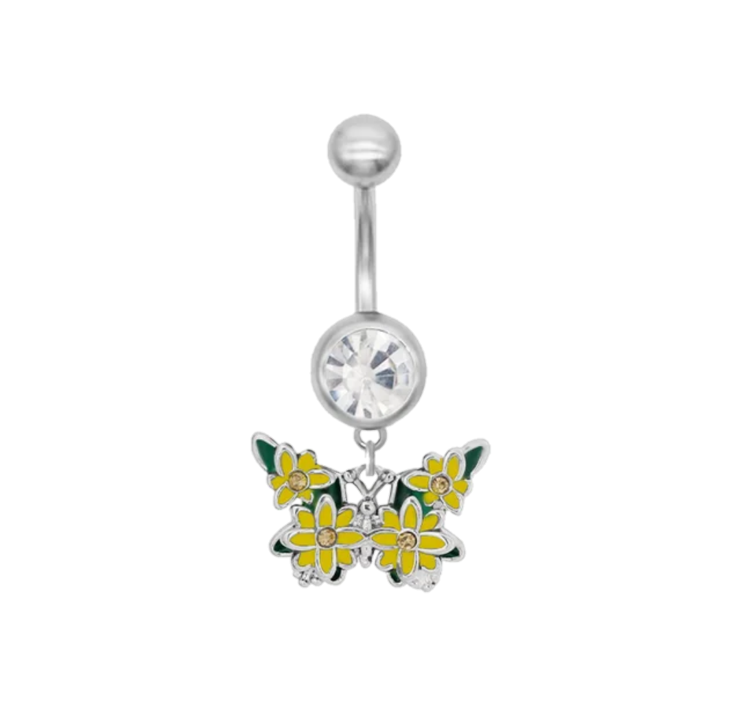 Butterfly with Yellow Flowers Belly Button Ring Navel Piercing