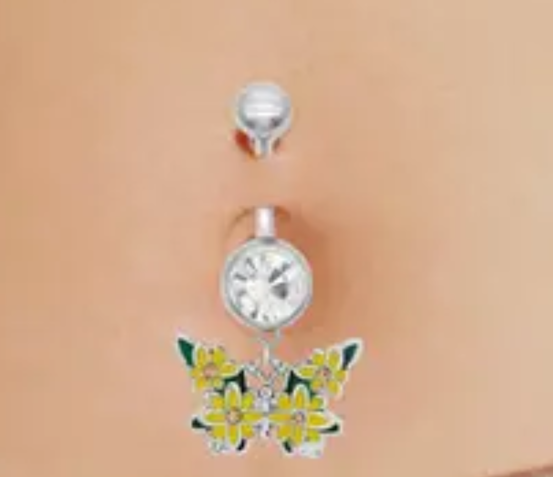 Butterfly with Yellow Flowers Belly Button Ring Navel Piercing