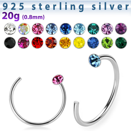 .925 Silver Open Hoop Nose Ring with Gem